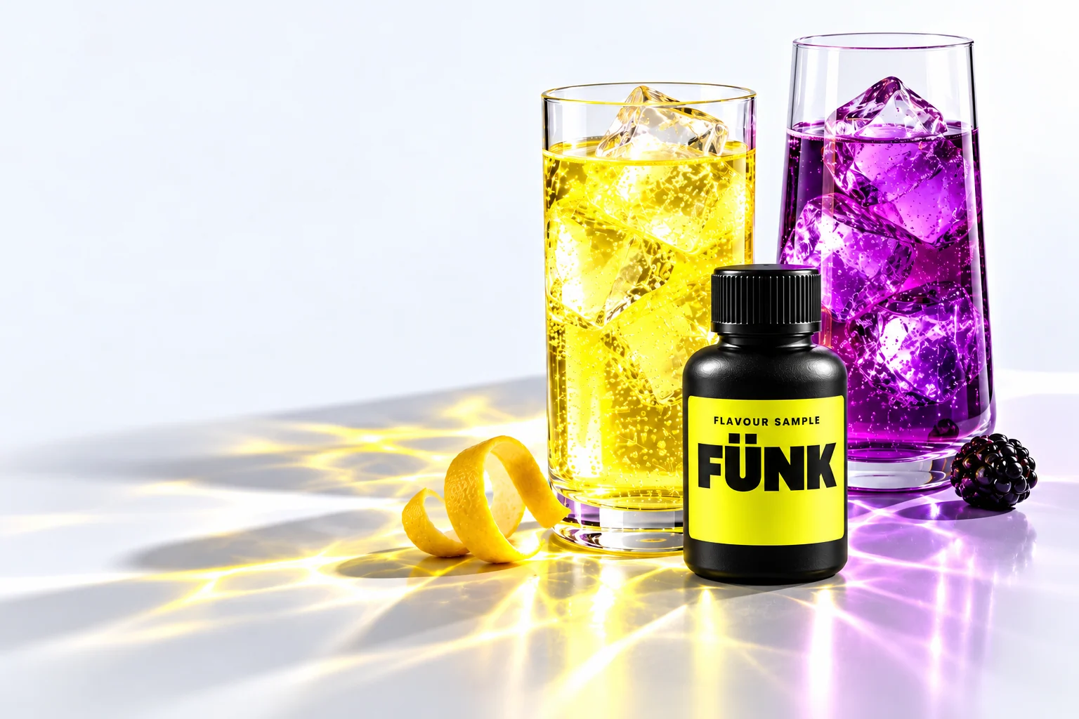 FÜNK flavour sample bottle concept beside yellow and violet iced drinks.