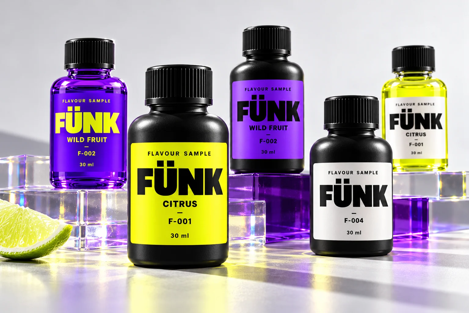 FÜNK flavour sample bottle concepts in matte black, neon yellow, violet and clear glass.