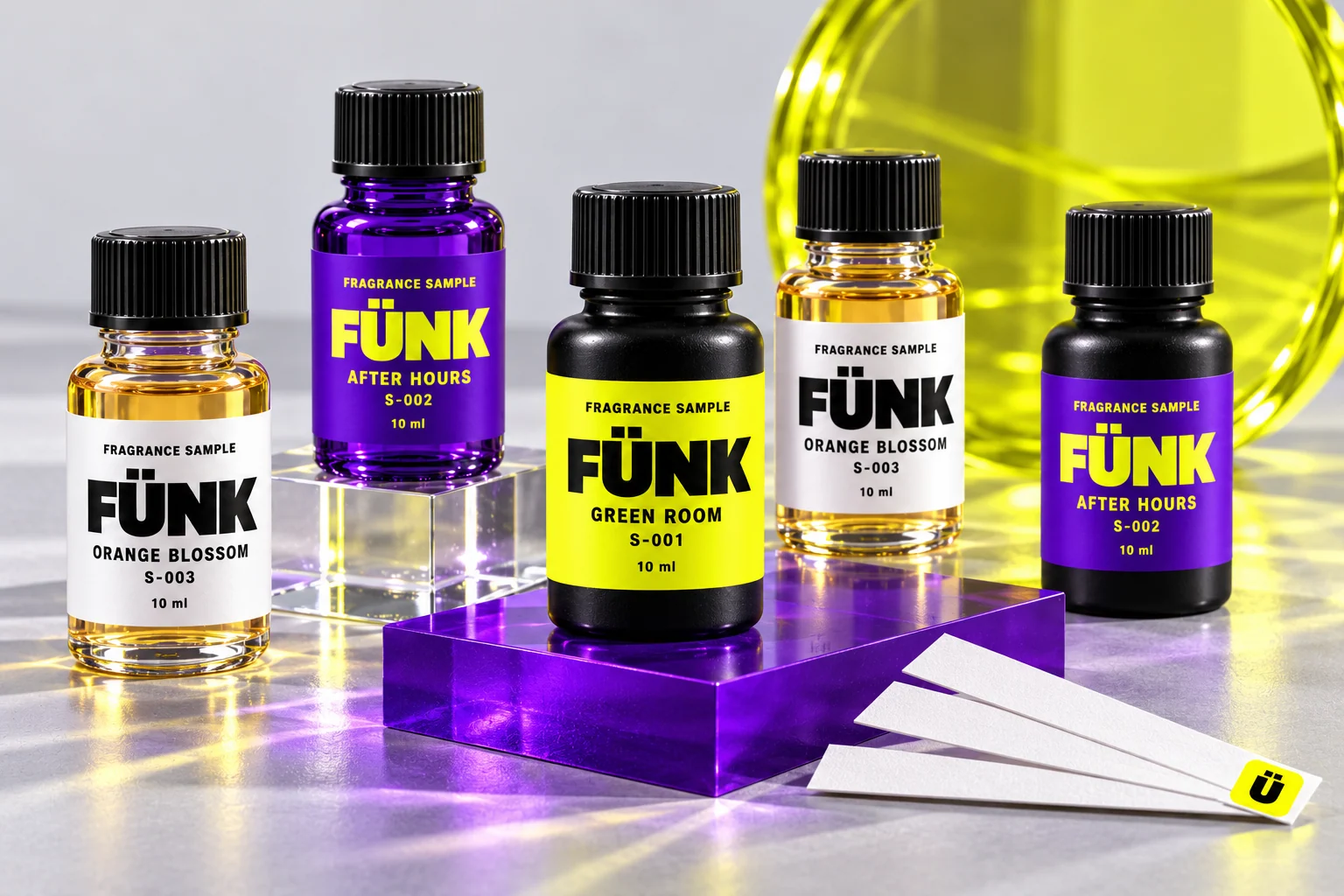 FÜNK fragrance sample bottle concepts with white blotters and violet display plinths.