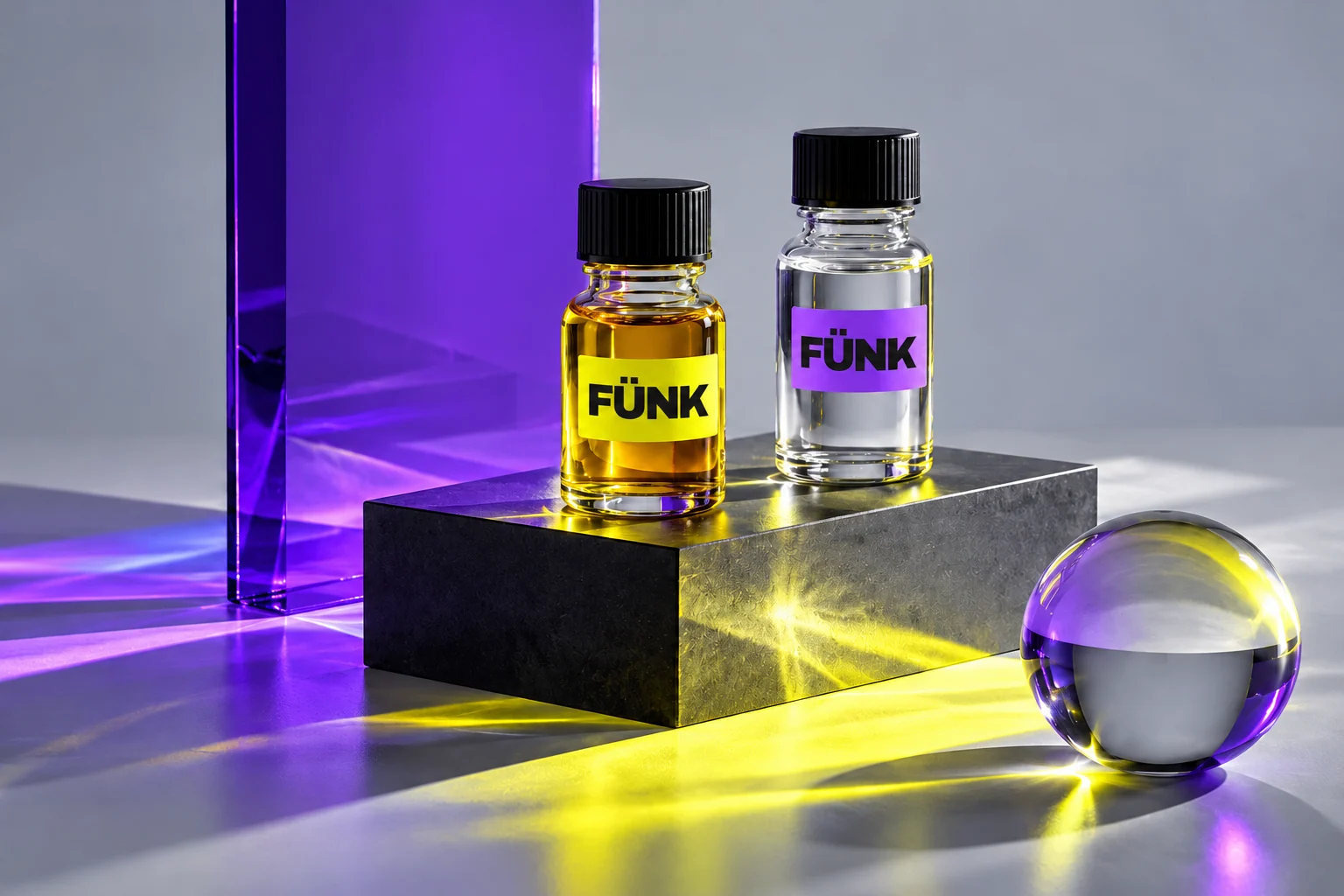 FÜNK professional concentrate bottle concepts on a graphite plinth.