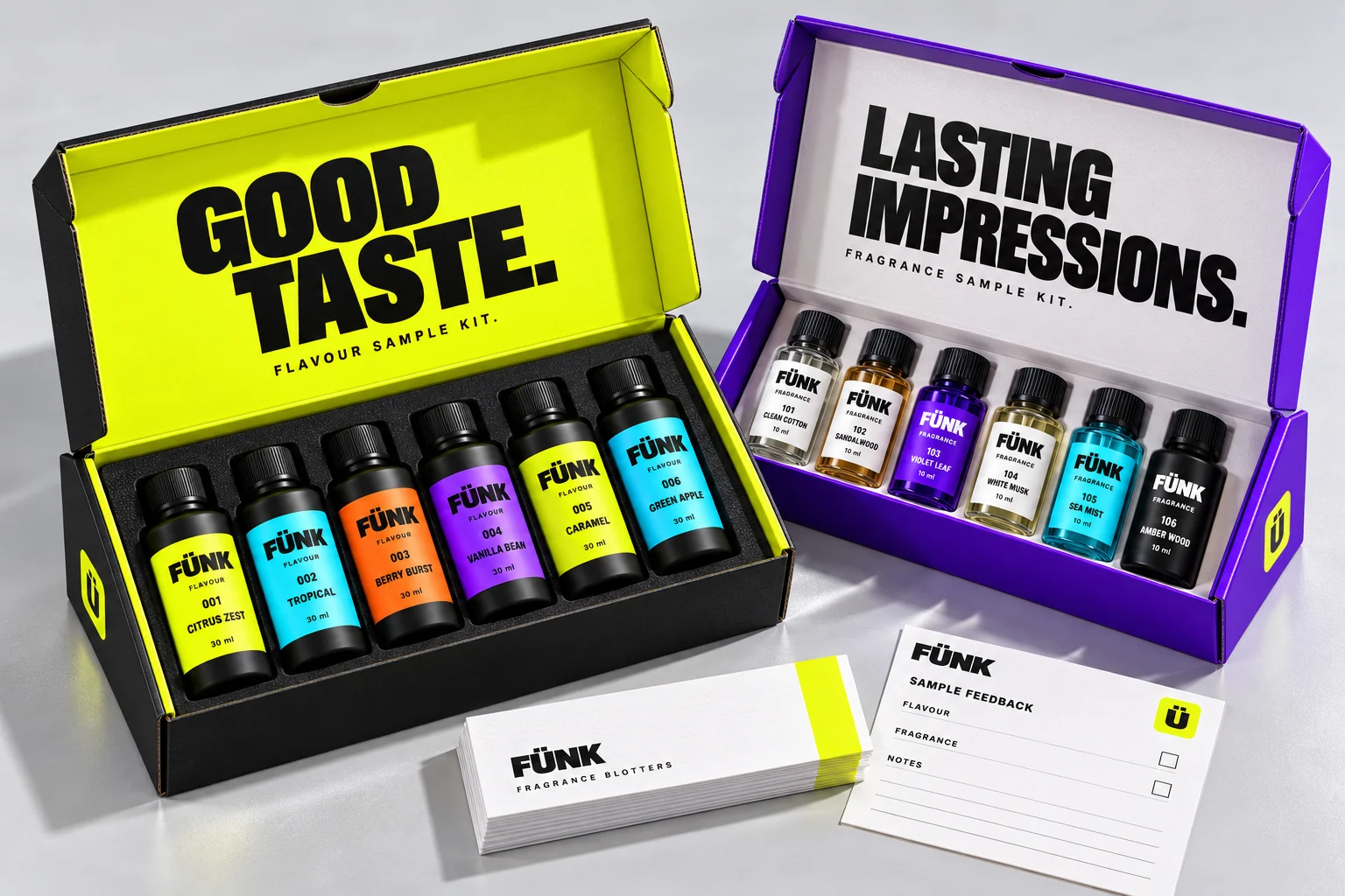 FÜNK flavour and fragrance sample kit concepts with feedback cards.