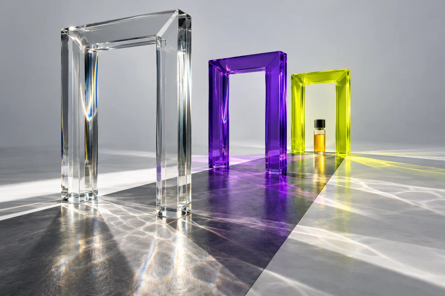 Conceptual clear, violet and yellow glass doorframes with a small amber sample vial.