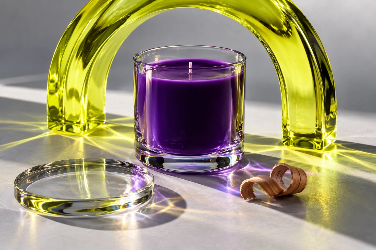 Conceptual violet candle in a clear vessel with an unlit wick and a yellow glass arch.