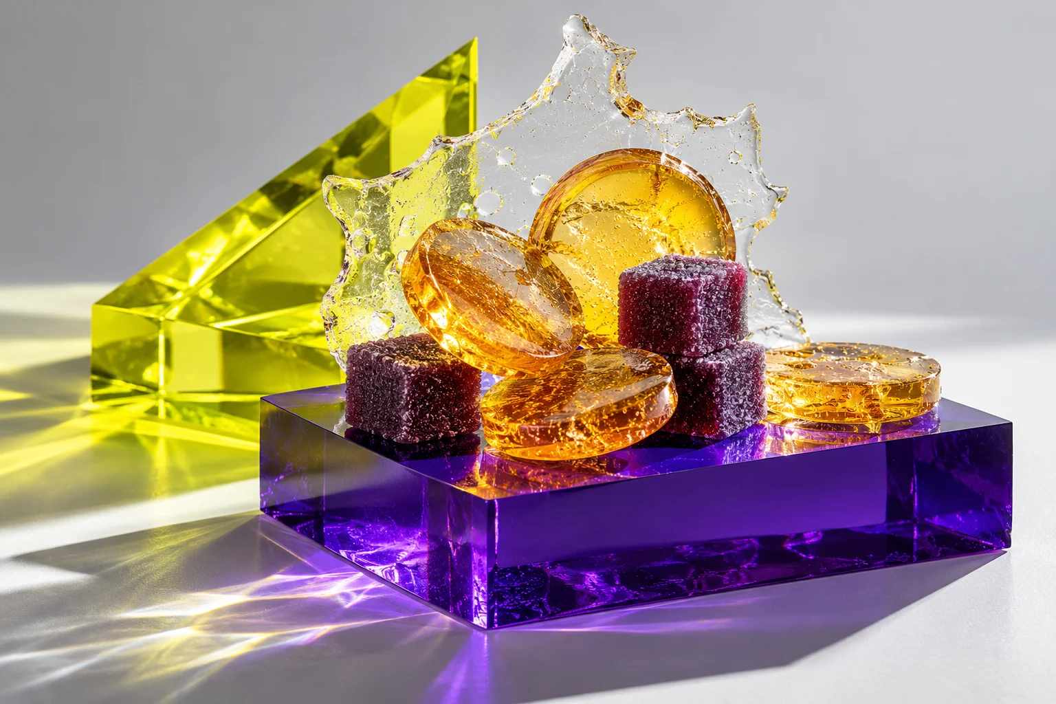 Conceptual amber hard sweets, violet fruit-paste cubes and a sugar sheet on a purple glass block.