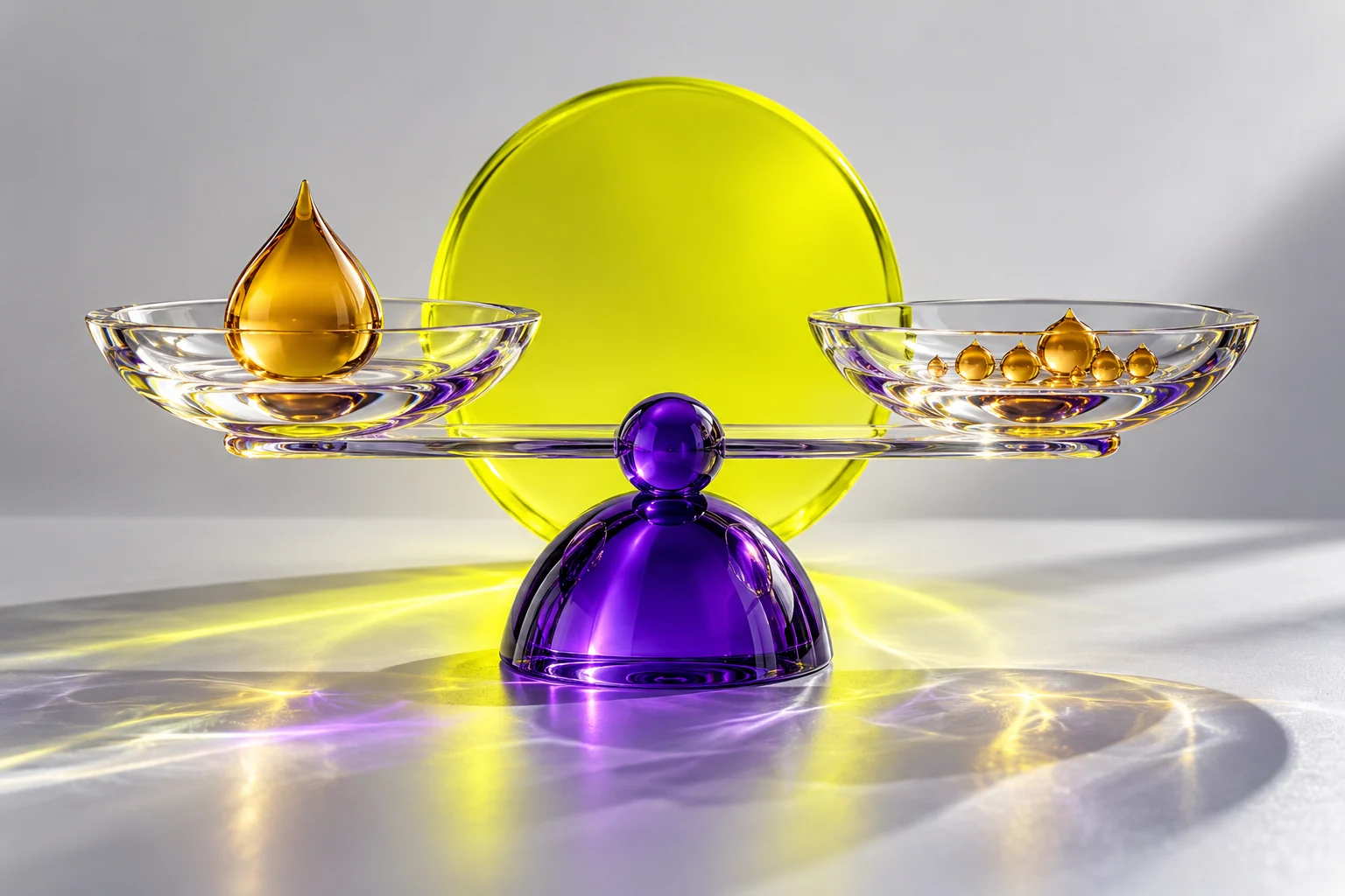 Conceptual glass balance with different-sized amber droplets, a violet fulcrum and a yellow disc.