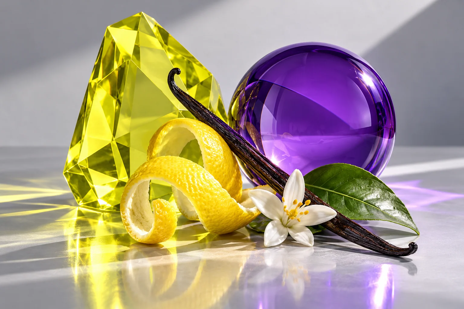 Conceptual lemon peel, vanilla, a leaf and orange blossom beside yellow and violet optical glass.