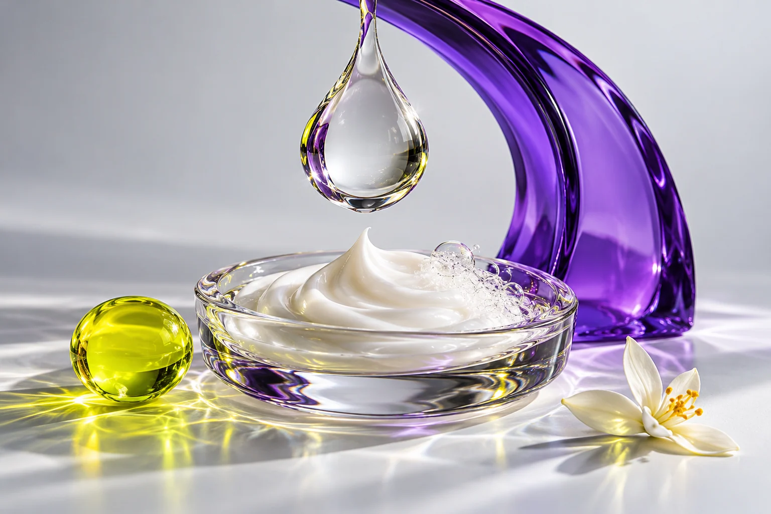 Conceptual clear glass droplet above a cream-texture swirl with a violet arc and yellow sphere.